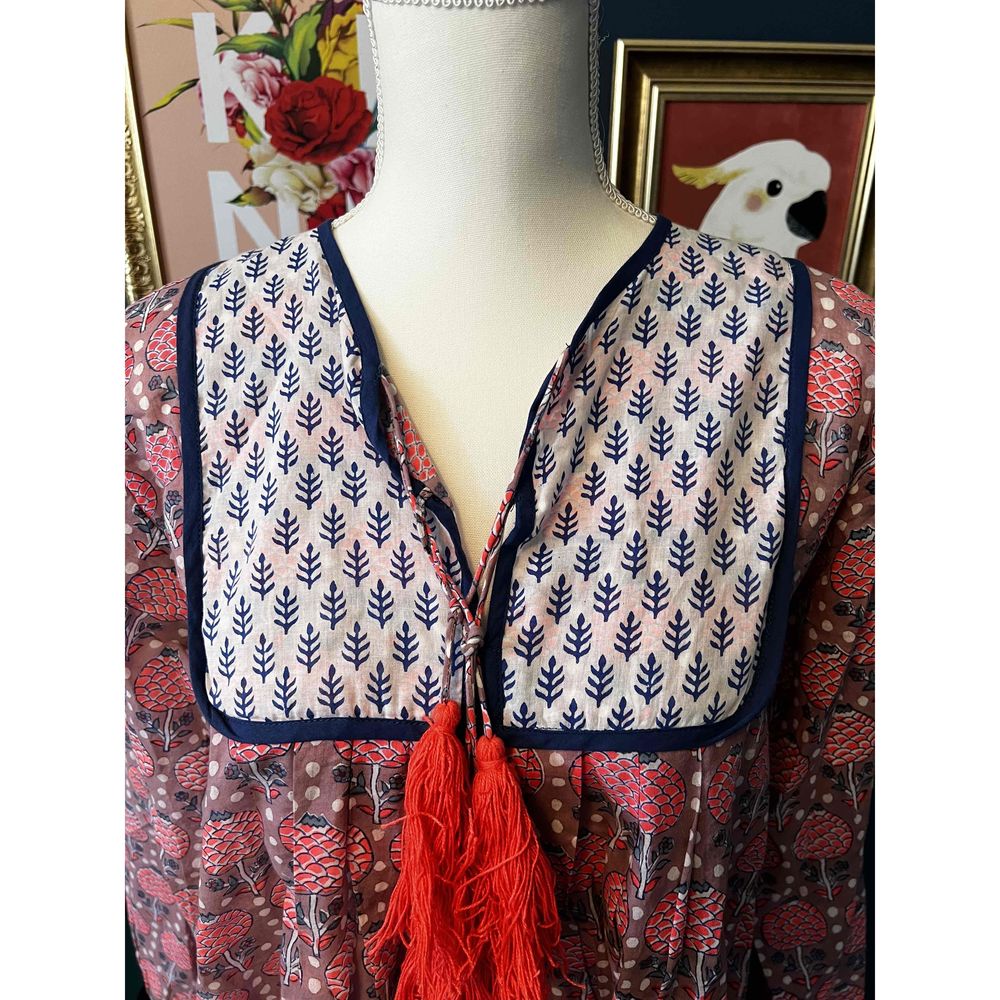 SZ Blockprints Womens Blue Pink Long Sleeves Printed Tassel Tunic Blouse Size S - Picture 2 of 8